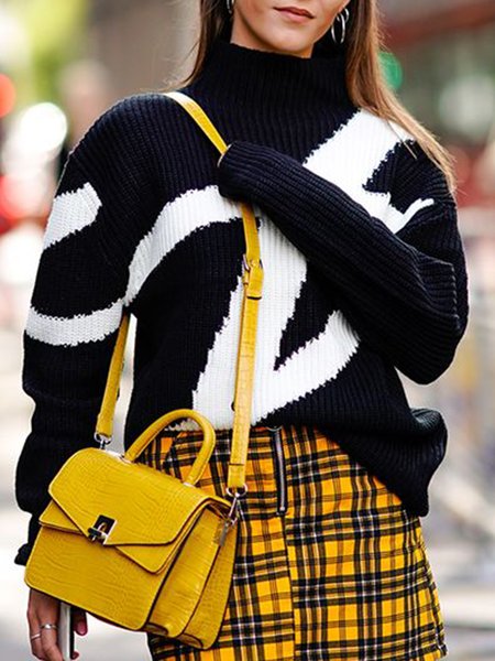 

Date Daily Long sleeve Abstract Simple Sweater, Black-white, Pullovers