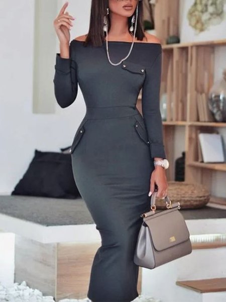 

Long Sleeve Solid Lady Skinny Midi Dress, Gray, Midi Dresses
