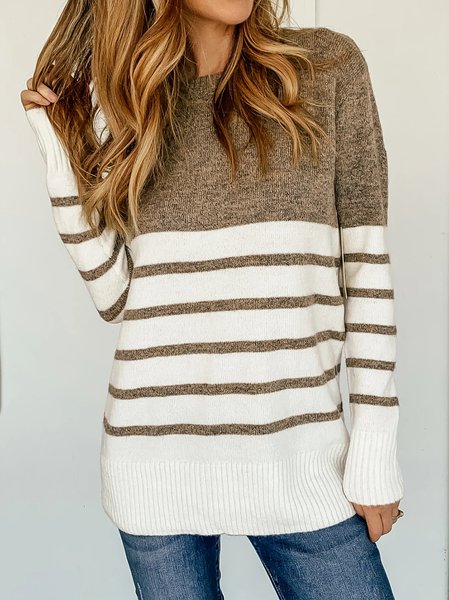 

Stripes Wool/Knitting Crew Neck Sweater, Brown, Sweaters