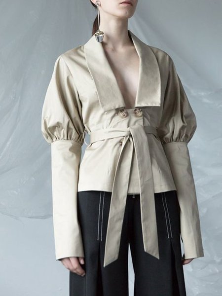 

Solid Lapel Long sleeve Regular Fit Shirt, Khaki, Blouses and Shirts