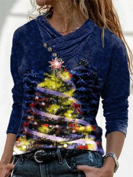 

Cowl Neck Casual Christmas Shirts & Tops, Blue, Tops