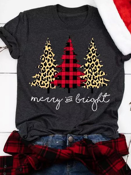 

Plaid Leopard Printed Christmas Tree Merry And Bright T-shirt, Deep gray, T-shirts