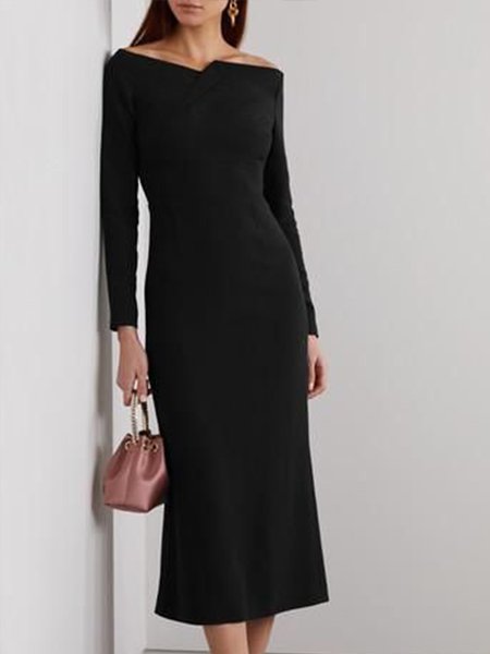

Elegant Long Sleeve Solid Black Dress, Midi Dresses