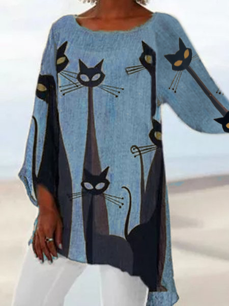

Animal Casual Round Neckline Long Sleeve Blouses, Blue, Tunics