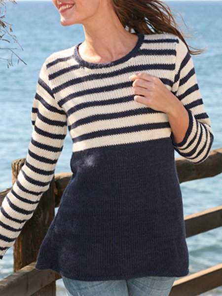 

Casual Striped Regular Fit Round Neck Sweater, Dark blue, Sweaters