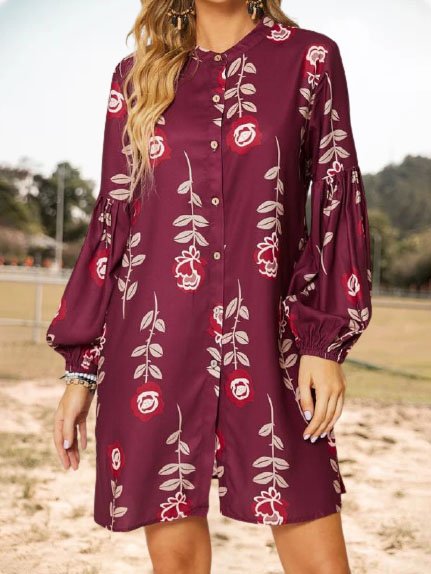 

Floral Printed Bishop Sleeve Stand Collar Loosen A-line Dresses, Wine red, Floral Dresses