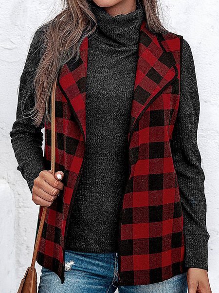 

Women Checked Plaid Loosen Sleeveless Outerwear for Fall Winter, Red, Jackets& Coats