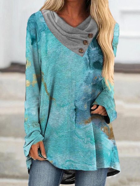 

Sea Abstract Print Cowl Neck Cotton Blends Casual Shirts & Tops, Blue, Tunics