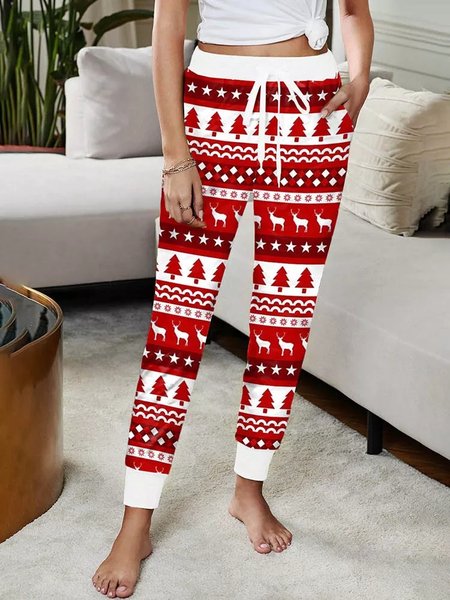 

Christmas Floral Casual Loosen Pants, Red, Pants