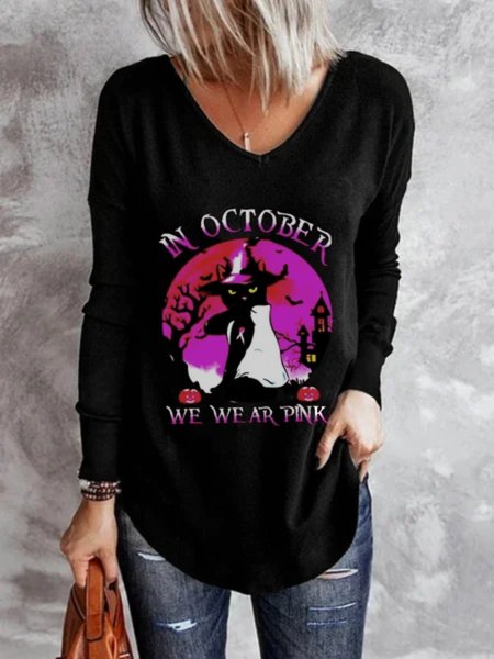 

Casual Long Sleeve V Neck Plus Size Printed Tops T-shirts, Black, T-Shirts