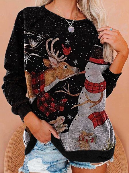 

Christmas Deer Snowman Printed Long Sleeve Crew Neck Plus Size Casual Sweatshirts, Black, Hoodies & Sweatshirts