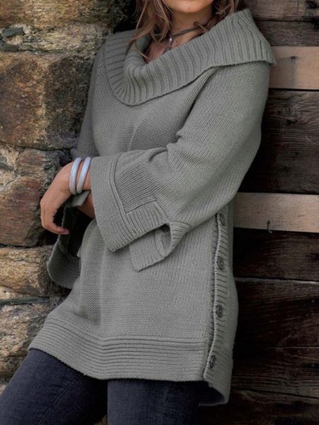 

Plain Buttoned Turtle Neck Sweater, Gray, Sweaters & Cardigans
