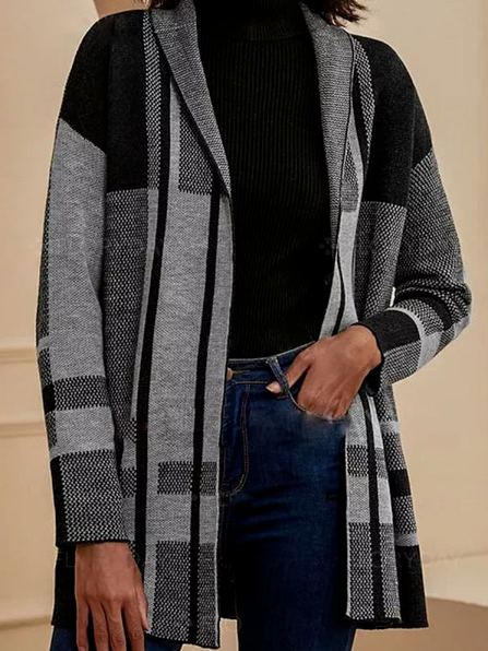 

Contrasting Geometric Print Casual Loose Cardigan Coat, Black, Cardigans