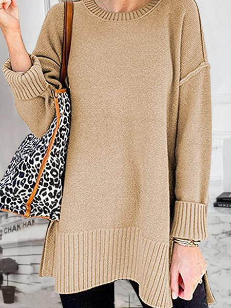 

Crew Neck Cotton Casual Sweater, Khaki, Knitwear & Sweaters