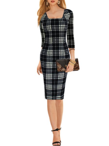 

Square Neck Lady Skinny Midi Dress, As picture, Midi Dresses