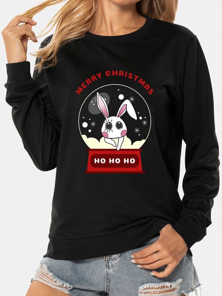

Unocis Christmas Bunny Print Round Neck Long Sleeve Sweatshirts, Black, Sweatshirts
