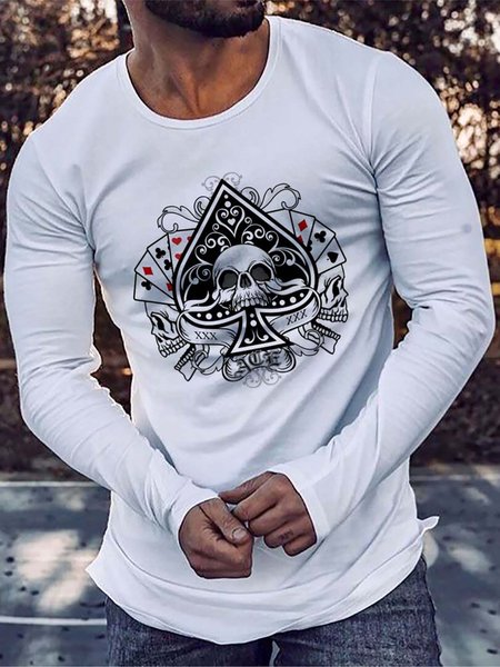 

Skull Poker Graphic Long Sleeve Casual Tee, White, T-shirts
