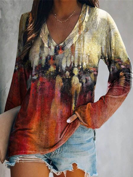 

Casual Long Sleeve V Neck Printed Top, Multicolor, T-Shirts