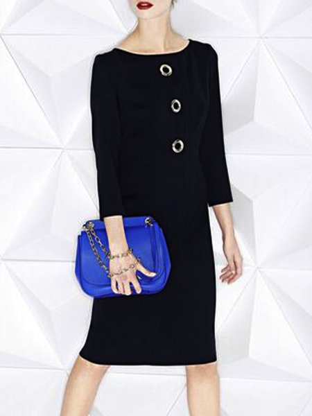 

Elegant Crew Neck Dress, Black, Midi Dresses