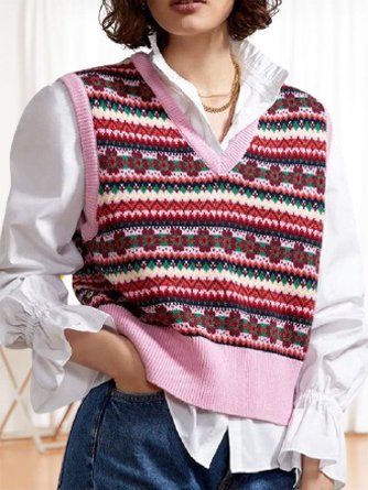 

V Neck Cotton Blends Floral Sweater, Pink, Sweaters