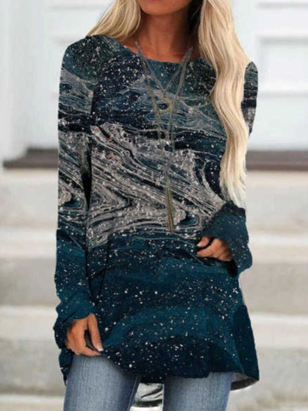 

Crew Neck Cotton Blends Geometric Shirts & Tops, Blue, Tunics
