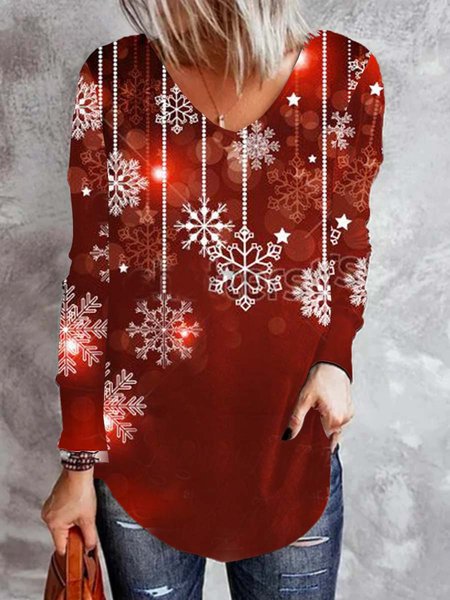 

Christmas Snowman V Neck Cotton Blends T-shirt, Red, T-Shirts