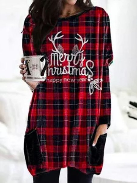 

Geometric Flannel Casual Dresses, Red, Mini Dresses