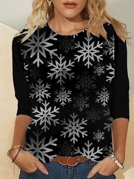 

Casual Long Sleeve Crew Neck Printed Top, Black, T-Shirts