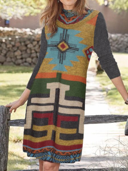 

Cotton Blends Turtle Neck Casual Dresses, Multicolor, Midi Dresses