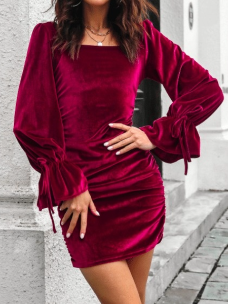 

Winter Lady Long sleeve Elegant Lady Slightly stretchy Dresses, Wine red, Mini Dresses