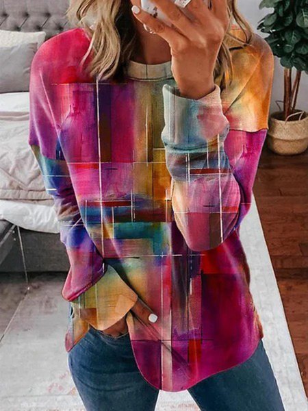 

a quadri Stampato Casuale Allentare Felpa, Multicolore, Tops