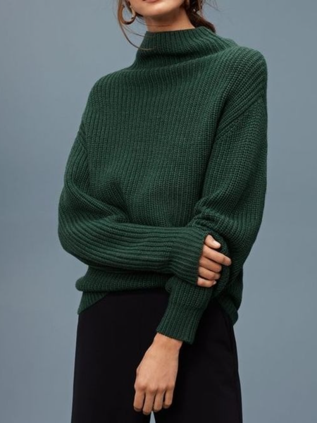 

Winter High Stretch Simple Loosen Daily Long sleeve Sweater, Green, Pullovers
