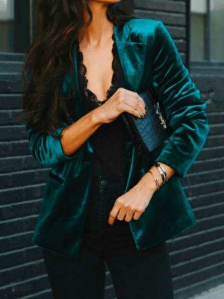 

Winter Lapel Slightly stretchy Mid-weight Work Formal Outerwear, Green, Blazers
