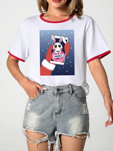 

Unocis Rabbit Print Round Neck Short Sleeve Ringer Tee, Red, T-shirts