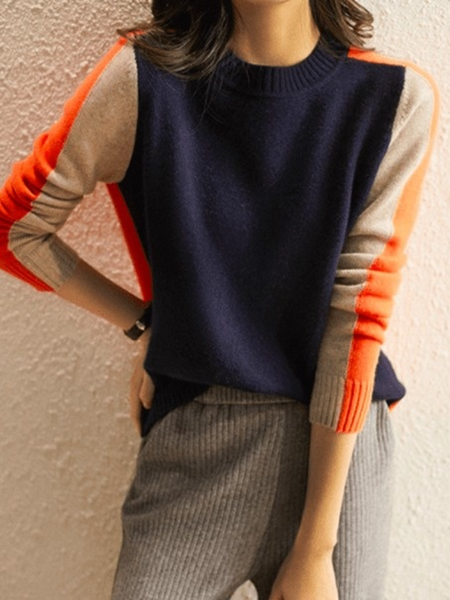 

Winter High Stretch Simple Long sleeve Color Block Sweater, As picture, Pullovers