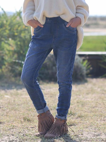 

Solid Color Elastic Waist Jogging Denim Pants, Blue, Pants