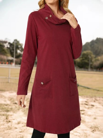

Cowl Neck Vintage Pocket Knee A-line Knitting Dress, Datered, Casual Dresses