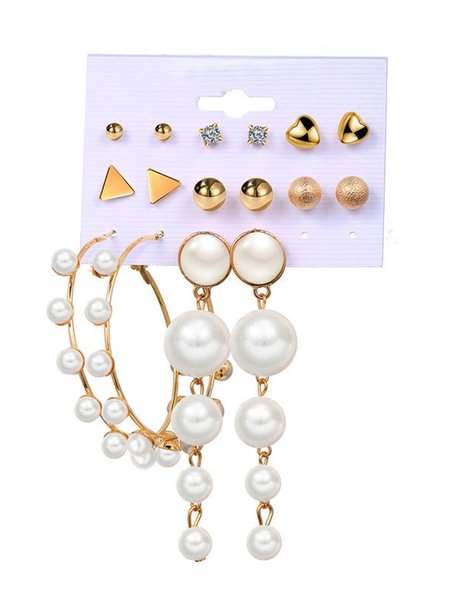 Elegant Simple Pearl Rhinestone Earrings 8PCS, As picture, Earrings