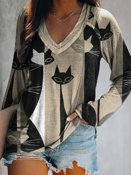 

Animal Long Sleeve Casual V Neck Shirts & Tops, Multicolor, T-Shirts