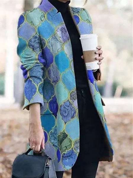 

Colletto Rialzato Geometrico Stampato Maniche Lunghe hippie Allentare Giubbotto, Blu viola, overcoat