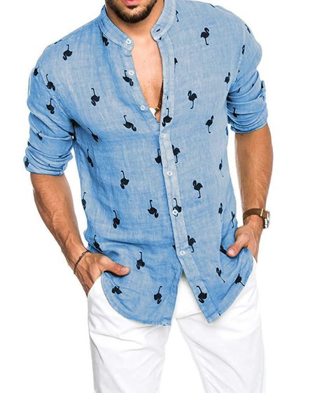 

Stand Collar Vintage Shirts & Tops, Blue, Shirt
