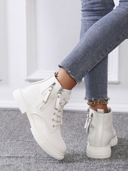 

Simple Zipper Plain Martin Combat Boots, Off white, Boots