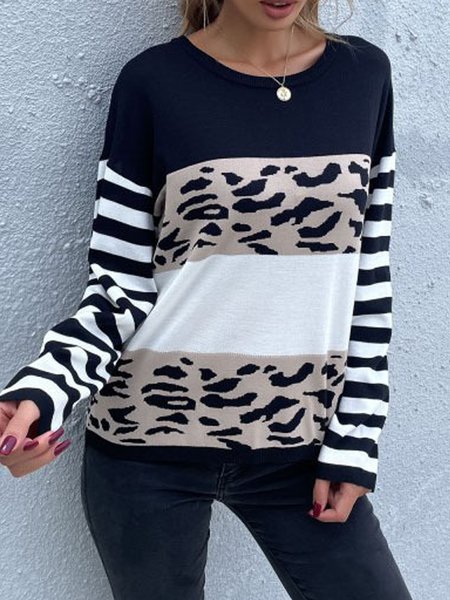 

Elegant Casual Striped Leopard Loosen Sweater, Black, Sweaters