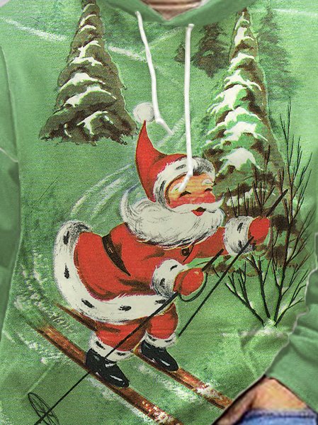 

Christmas Santa Print Long Sleeve Hooded Sweatshirt, Green, Hoodies&Sweatshirts