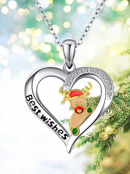 

Christmas Elk Rhinestone Heart Necklace, As picture, Necklaces