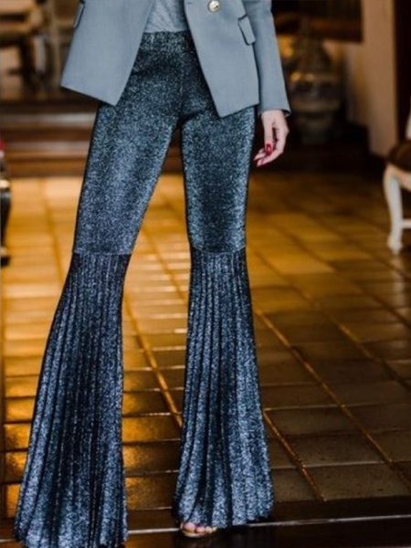 

Vintage Evening Solid Flare Leg Pants, Blue, Flared Pants