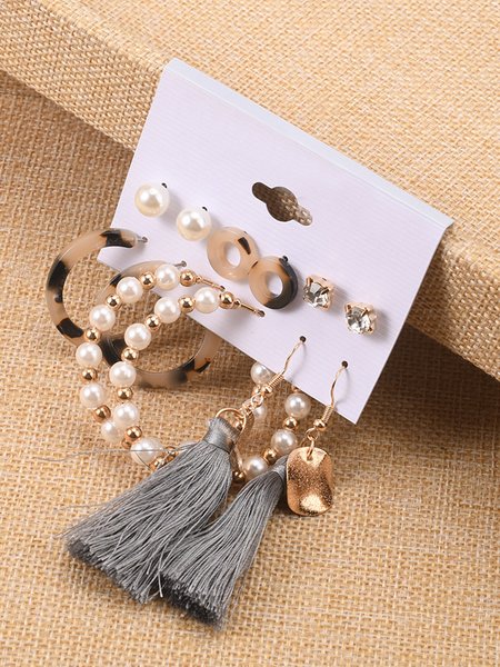

Simple Tassel Pearl Rhinestone Earrings 6PCS, As picture, Earrings