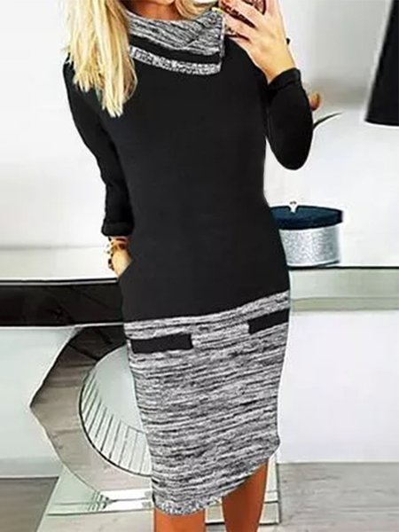 

Cowl Neck Color Block Elegant Dresses, Black-grey, Midi Dresses