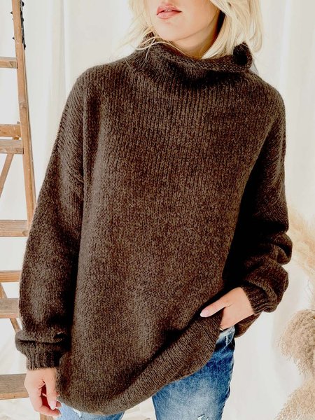 

Casual Basics Simple High Neck Loosen Sweater, Brown, Knitwear & Sweaters