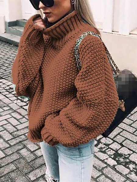 

Casual Solid High Neck Long Sleeves Knitted Sweater, Caramel, Knitwear & Sweaters